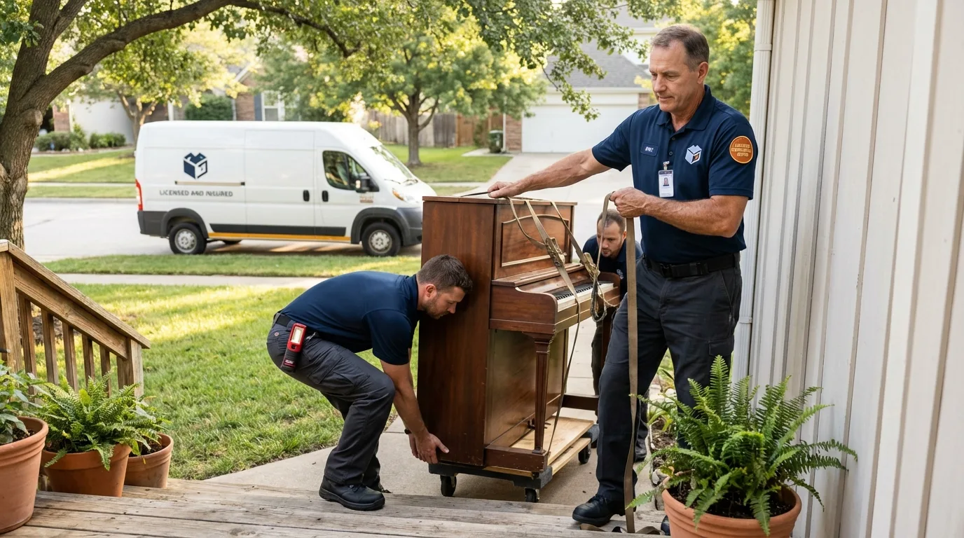 Licensed piano movers securing grand piano in Killeen, TX