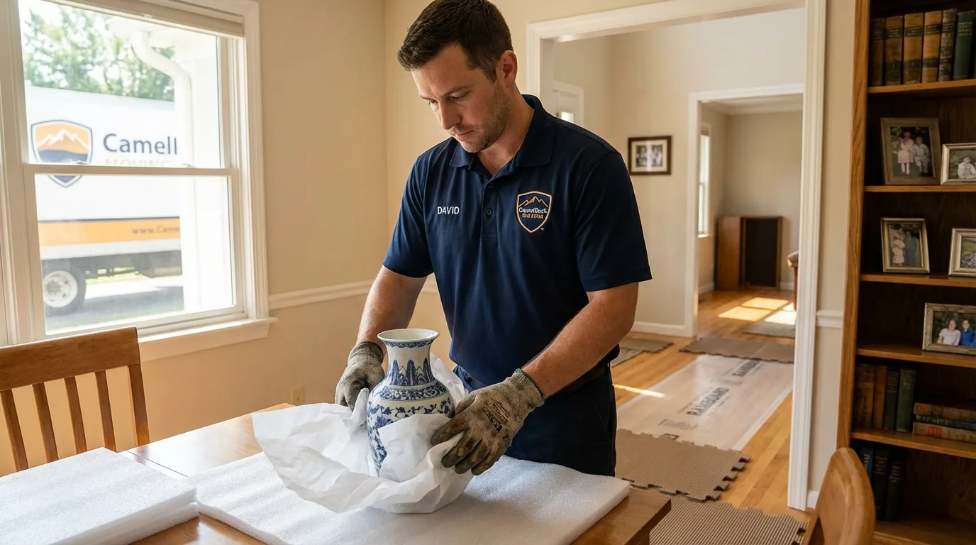 Professional crew carefully wrapping antique vase for senior downsizing move in Killeen, TX
